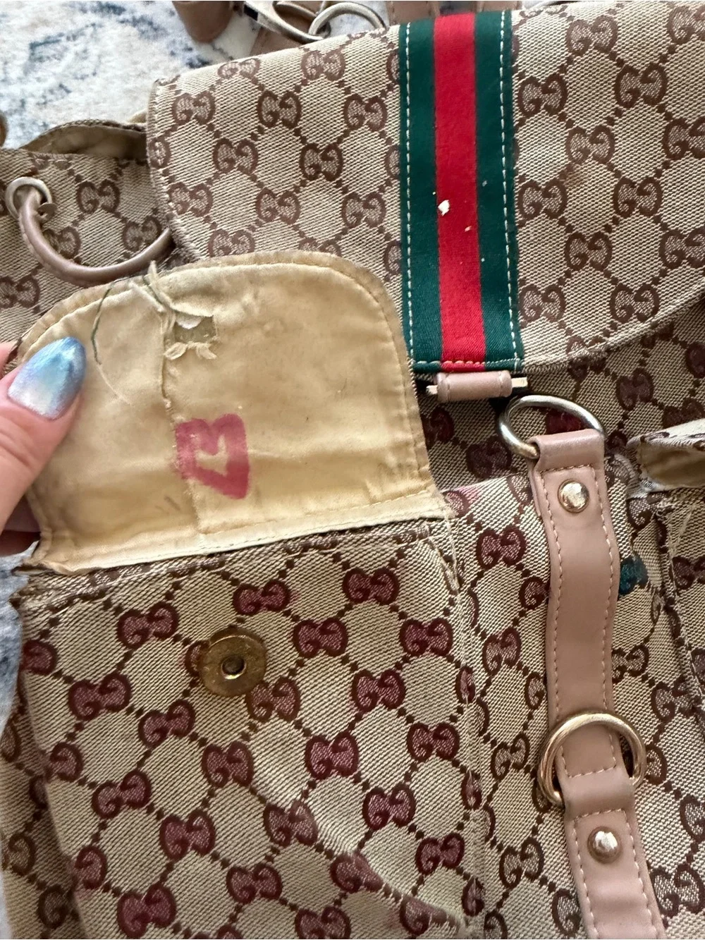 Designer-Style Brown Canvas Backpack with Green-Red Stripe